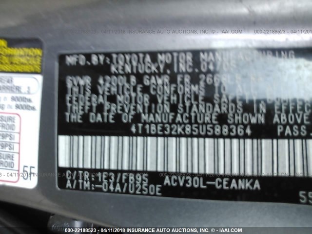 4T1BE32K85U588364 - 2005 TOYOTA CAMRY LE/XLE/SE GRAY photo 9