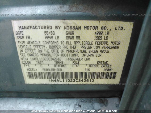 1N4AL11D23C342612 - 2003 NISSAN ALTIMA S/SL GREEN photo 9