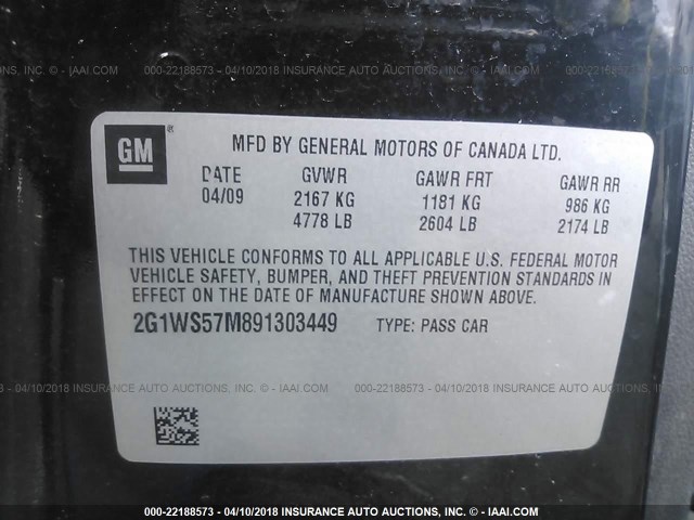 2G1WS57M891303449 - 2009 CHEVROLET IMPALA POLICE BLACK photo 9