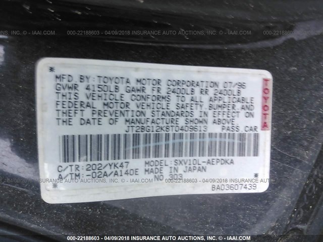 JT2BG12K8T0409613 - 1996 TOYOTA CAMRY DX/LE/XLE შავი ფოტო 9