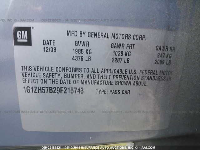 1G1ZH57B29F215743 - 2009 CHEVROLET MALIBU 1LT 蓝色 照片 9