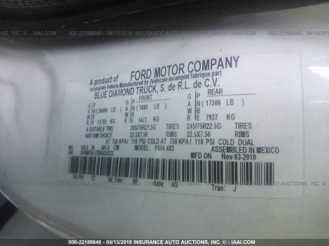3FRWF6FJ7BV424333 - 2011 FORD F650 SUPER DUTY WHITE photo 10
