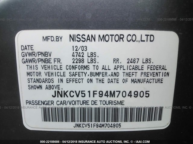 JNKCV51F94M704905 - 2004 INFINITI G35 GRAY photo 9