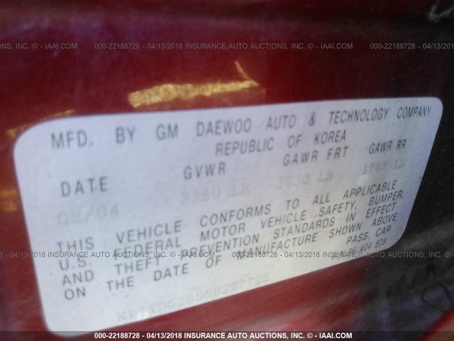 KL1TD52695B297725 - 2005 CHEVROLET AVEO LS BURGUNDY photo 9