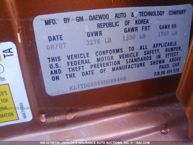 KL1TD66658B088468 - 2008 CHEVROLET AVEO LS ORANGE photo 9