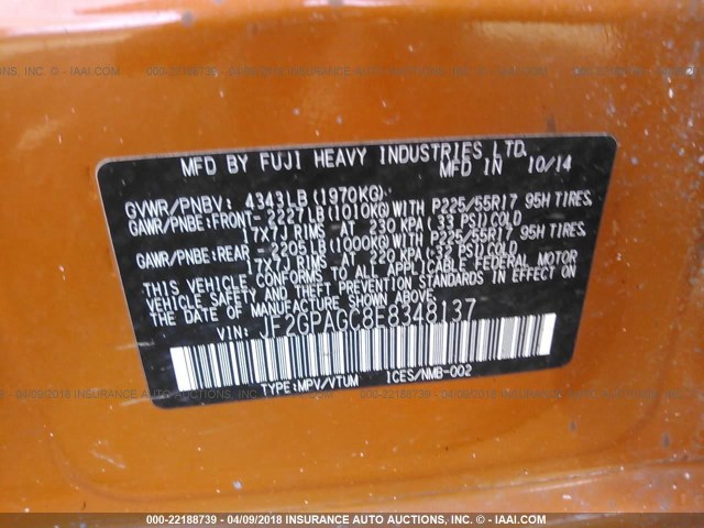 JF2GPAGC8E8348137 - 2014 SUBARU XV CROSSTREK 2.0 LIMITED ORANGE photo 9