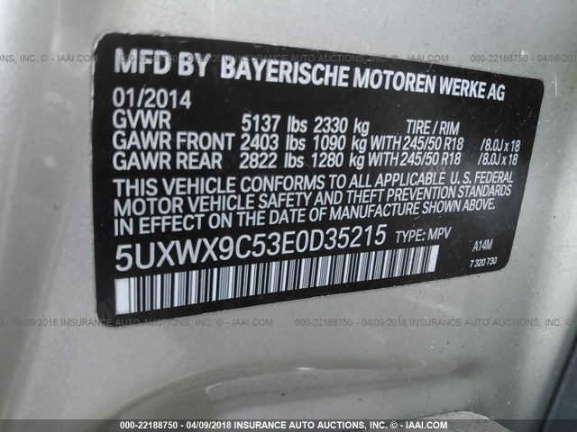 5UXWX9C53E0D35215 - 2014 BMW X3 XDRIVE28I TAN photo 9