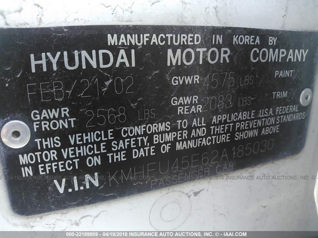 KMHFU45E62A185030 - 2002 HYUNDAI XG 350 WHITE photo 9