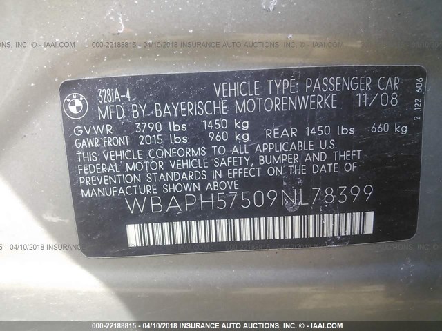 WBAPH57509NL78399 - 2009 BMW 328 I SULEV SILVER photo 9