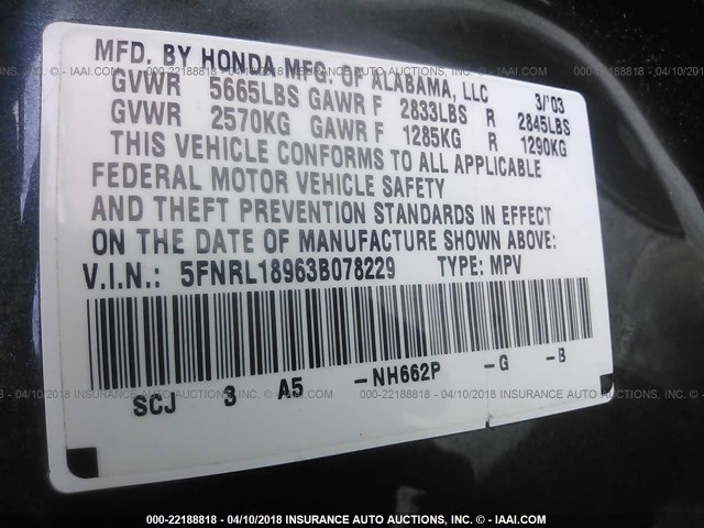 5FNRL18963B078229 - 2003 HONDA ODYSSEY EXL ნაცრისფერი ფოტო 9