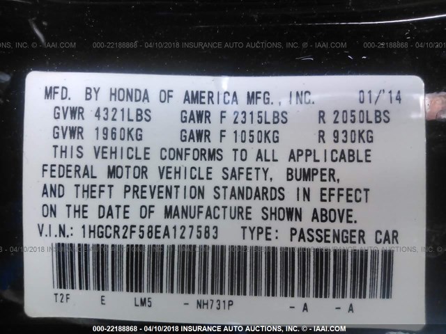 1HGCR2F58EA127583 - 2014 HONDA ACCORD SPORT 黑色 照片 9