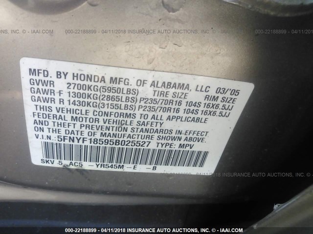 5FNYF18595B025527 - 2005 HONDA PILOT EXL Champagne photo 9