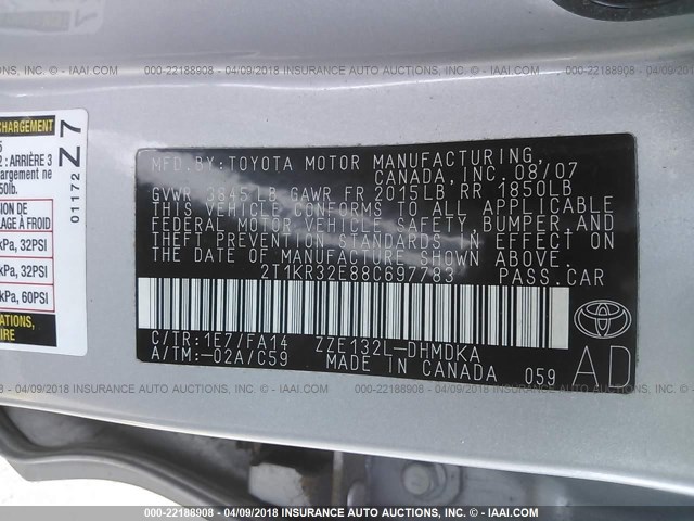 2T1KR32E88C697783 - 2008 TOYOTA COROLLA MATRIX XR SILVER photo 9