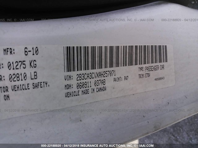 2B3CA3CVXAH257071 - 2010 DODGE CHARGER SXT WHITE photo 9