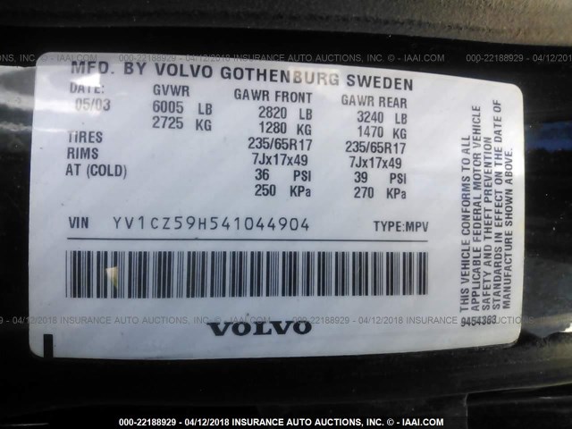 YV1CZ59H541044904 - 2004 VOLVO XC90 BLACK photo 9