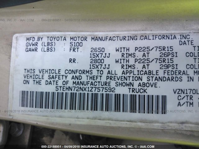 5TEHN72NX1Z757592 - 2001 TOYOTA TACOMA DOUBLE CAB ოქროსფერი ფოტო 9