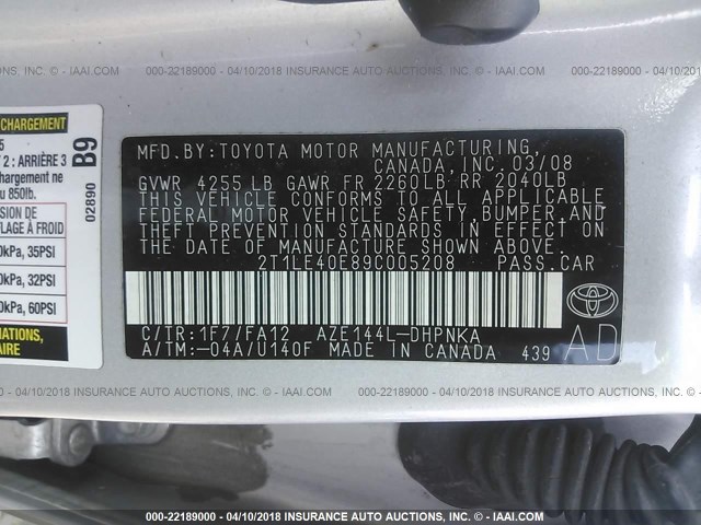 2T1LE40E89C005208 - 2009 TOYOTA COROLLA MATRIX S SILVER photo 9