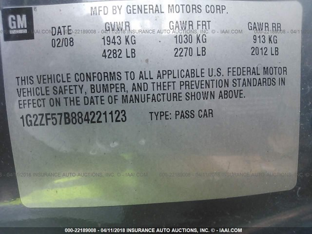 1G2ZF57B884221123 - 2008 PONTIAC G6 VALUE LEADER/BASE GRAY photo 9