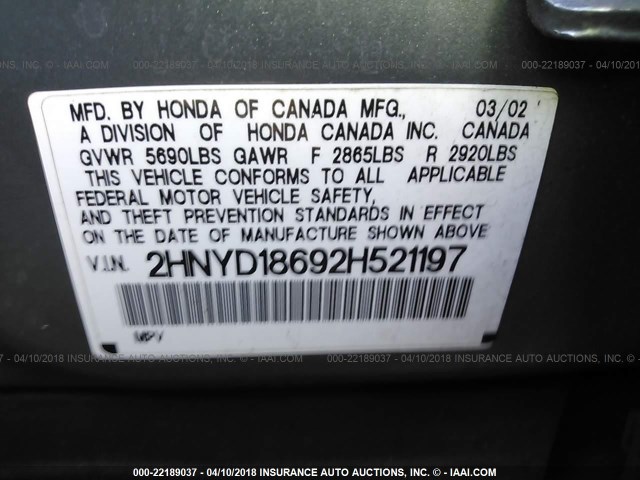 2HNYD18692H521197 - 2002 ACURA MDX TOURING GRAY photo 9