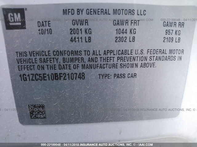 1G1ZC5E10BF210748 - 2011 CHEVROLET MALIBU 1LT 白色 照片 9