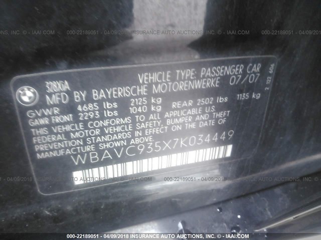 WBAVC935X7K034449 - 2007 BMW 328 XI BLACK photo 9