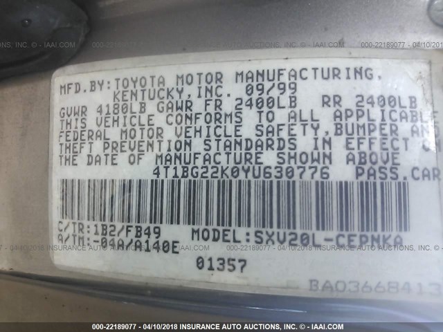 4T1BG22K0YU630776 - 2000 TOYOTA CAMRY CE/LE/XLE GOLD photo 9