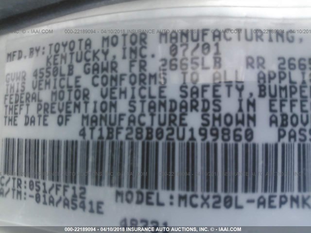 4T1BF28B02U199860 - 2002 TOYOTA AVALON XL/XLS WHITE photo 9