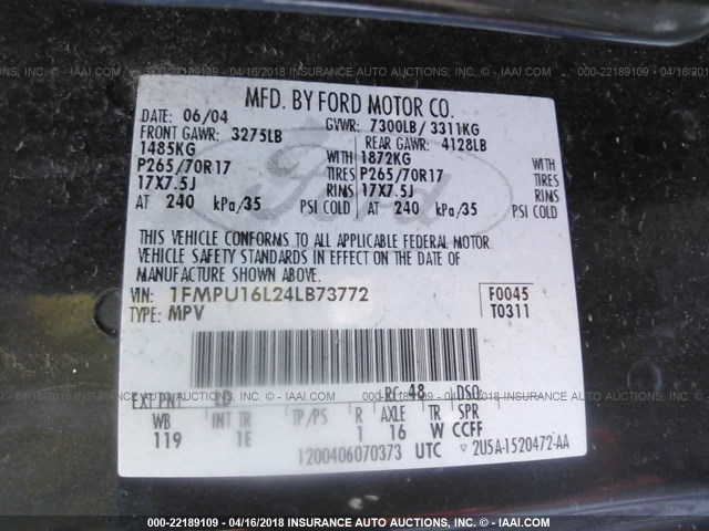 1FMPU16L24LB73772 - 2004 FORD EXPEDITION XLT Blau Foto 9