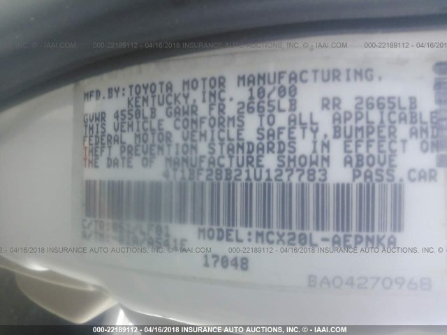 4T1BF28B21U127783 - 2001 TOYOTA AVALON XL/XLS WHITE photo 9