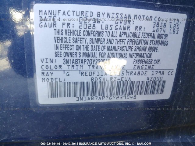 3N1AB7AP7GY239048 - 2016 NISSAN SENTRA S/SV/SR/SL BLUE photo 9