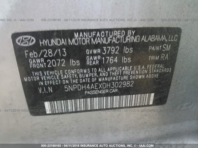 5NPDH4AEXDH302982 - 2013 HYUNDAI ELANTRA GLS/LIMITED GRAY photo 9