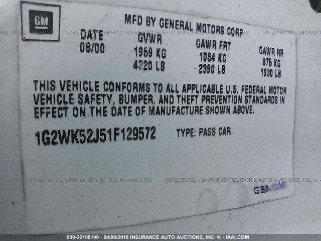1G2WK52J51F129572 - 2001 PONTIAC GRAND PRIX SE თეთრი ფოტო 9