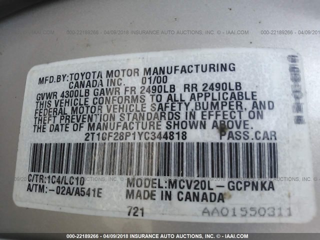 2T1CF28P1YC344818 - 2000 TOYOTA CAMRY SOLARA SE/SLE ვერცხლისფერი ფოტო 9