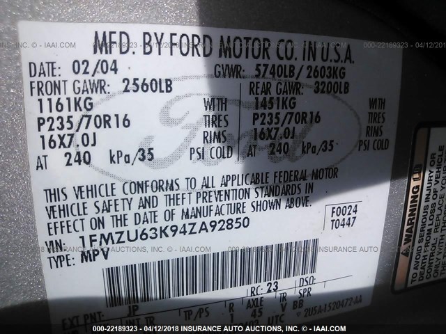 1FMZU63K94ZA92850 - 2004 FORD EXPLORER XLT/XLT SPORT/NBX SILVER photo 9