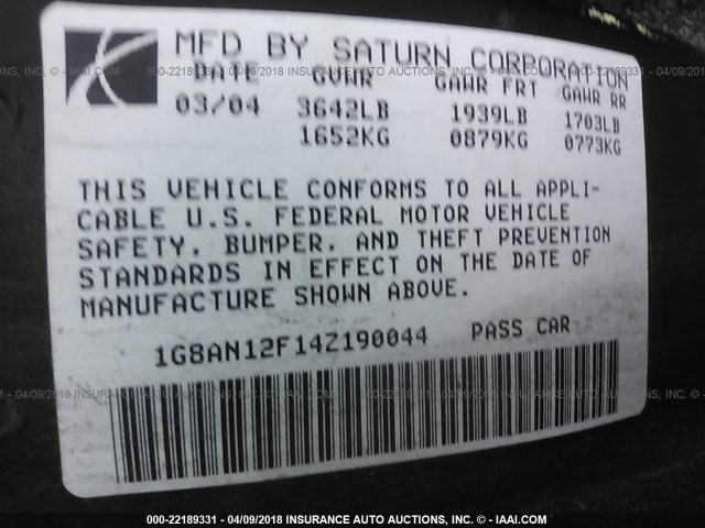 1G8AN12F14Z190044 - 2004 SATURN ION LEVEL 2 BLACK photo 9