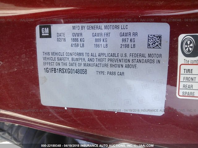 1G1FB1RSXG0148058 - 2016 CHEVROLET CAMARO LT RED photo 9