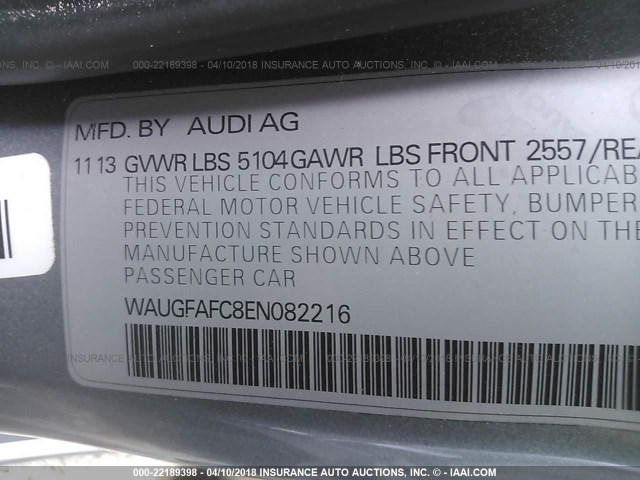 WAUGFAFC8EN082216 - 2014 AUDI A6 PREMIUM PLUS GRAY photo 9