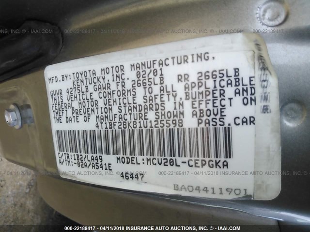 4T1BF28K81U125598 - 2001 TOYOTA CAMRY LE/XLE GRAY photo 9