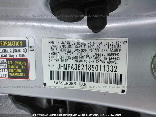 JHMFA36218S011332 - 2008 HONDA CIVIC HYBRID SILVER photo 9