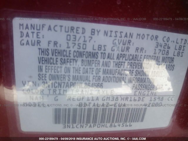 3N1CN7AP0HL864566 - 2017 NISSAN VERSA S/S PLUS/SV/SL RED photo 9