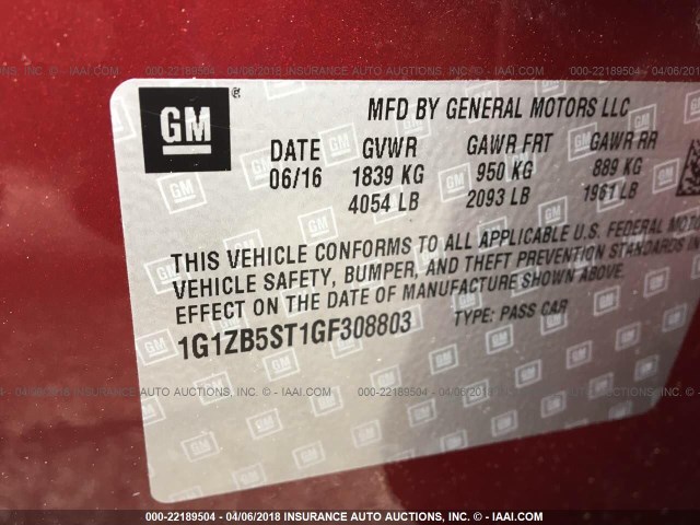 1G1ZB5ST1GF308803 - 2016 CHEVROLET MALIBU LS მუქწითელი ფოტო 9