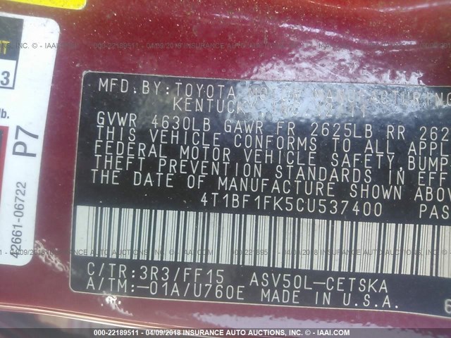 4T1BF1FK5CU537400 - 2012 TOYOTA CAMRY SE/LE/XLE RED photo 9