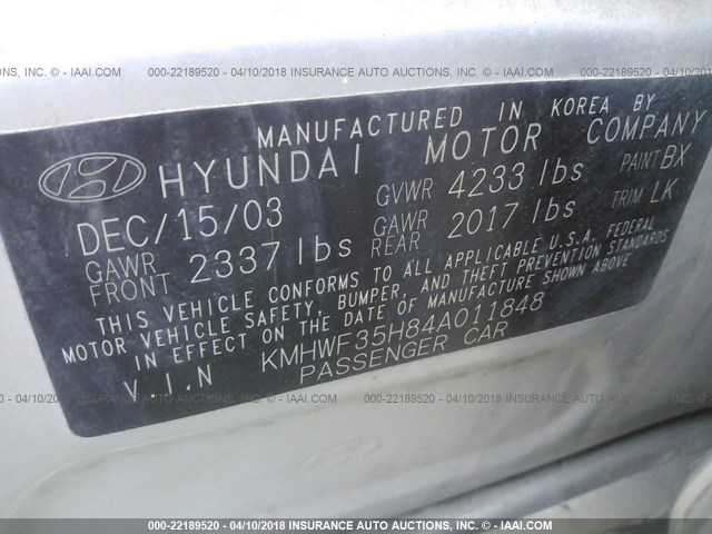 KMHWF35H84A011848 - 2004 HYUNDAI SONATA GLS/LX SILVER photo 9