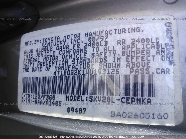 4T1BG22K1WU193125 - 1998 TOYOTA CAMRY CE/LE/XLE 香槟色 照片 9