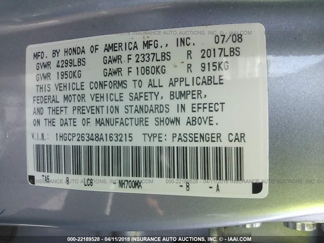 1HGCP26348A163215 - 2008 HONDA ACCORD LX SILVER photo 9