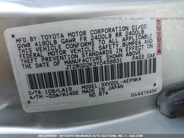 JT2BG22K3Y0458831 - 2000 TOYOTA CAMRY CE/LE/XLE 银色 照片 9