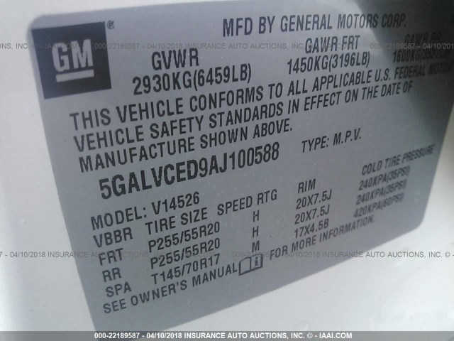 5GALVCED9AJ100588 - 2010 BUICK ENCLAVE CXL 白色 照片 9