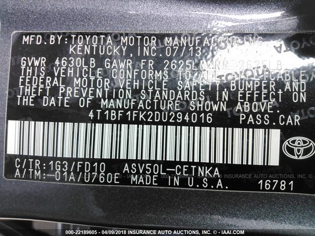 4T1BF1FK2DU294016 - 2013 TOYOTA CAMRY L/SE/LE/XLE 灰色 照片 9