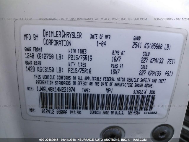 1J4GL48K14W231974 - 2004 JEEP LIBERTY SPORT 白色 照片 9