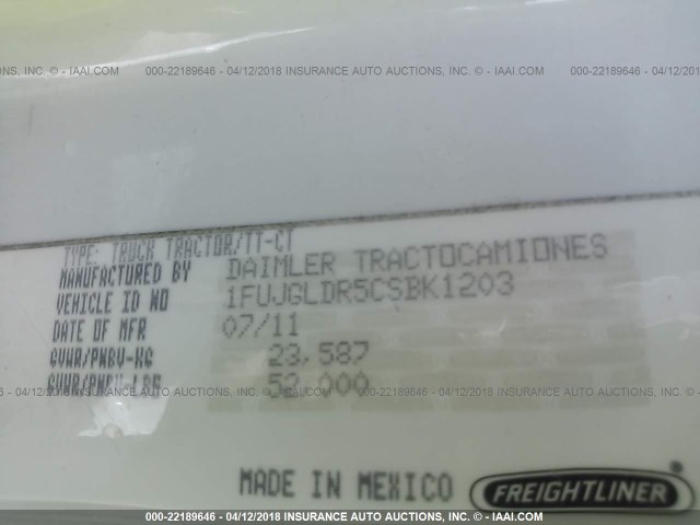 1FUJGLDR5CSBK1203 - 2012 FREIGHTLINER CASCADIA 125  WHITE photo 10